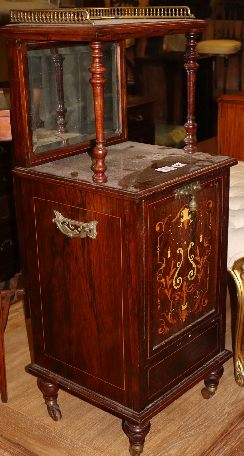 An Victorian inlaid rosewood coal purdonium, W.37cm, D.35cm, H.97cm